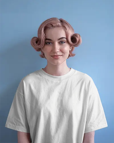 Elegant Vintage Tshirt Mockup Front Facing Model With Soft Curls And Chic Expression