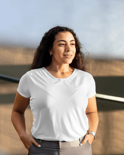 Female Model With Curly Hair Wearing Tshirt Mockup