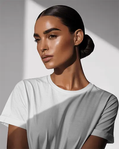 Confident Modern Woman T Shirt Mockup In High Contrast Natural Light Perfect For Luxury Brand Campaigns