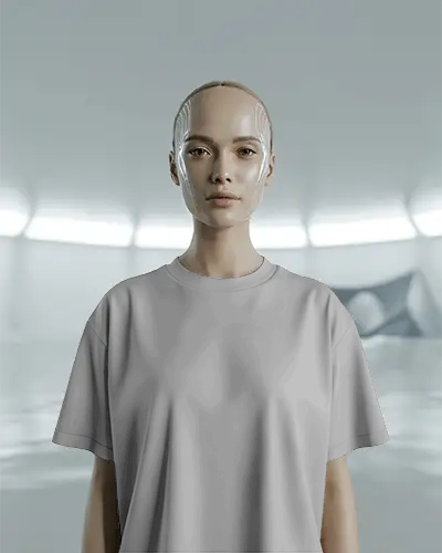 Futuristic Themed T Shirt Mockup With Robotic Female Model In High Tech Studio Environment For Sci Fi Apparel Brand