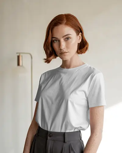 Editorial Portrait Tshirt Mockup Female Model In High Waist Trousers Clean And Professional Studio Ambience