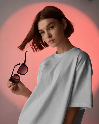 Editorial Tshirt Mockup Female Model Holding Sunglasses Against Glowing Red Halo Background Soft Modern Aesthetic