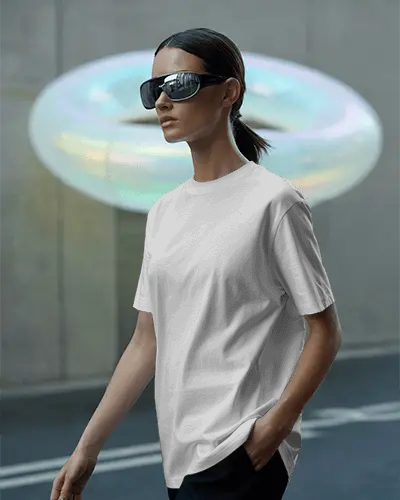 Futuristic Urban Tshirt Mockup With Female Model In Black Sunglasses And Minimal Cityscape