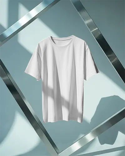 Tshirt Mockup Suspended In Geometric Metal Frame Modern Light Blue Backdrop Crisp Shadows Minimal Design Display