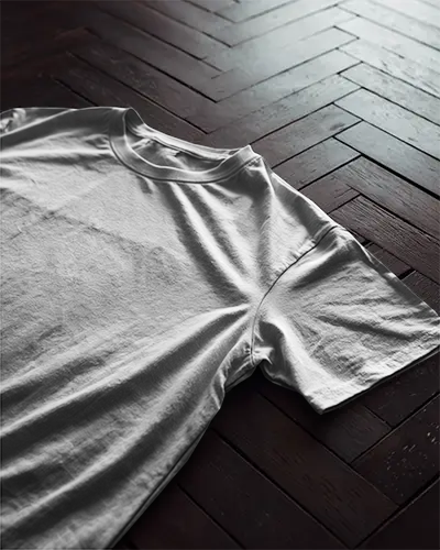 Herringbone Wood Floor T Shirt Mockup Flat Lay Natural Lighting Soft Shadows Casual And Clean Style