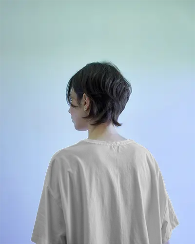 Pastel Gradient Backdrop T Shirt Mockup Short Haired Model Facing Away Soft Light Modern Minimal Studio Style