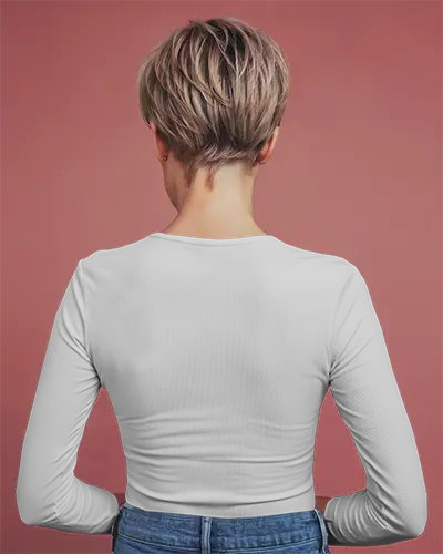 Rose Backdrop Long Sleeve Mockup Female Model Facing Away Showcasing Back Design In Clean Modern Style