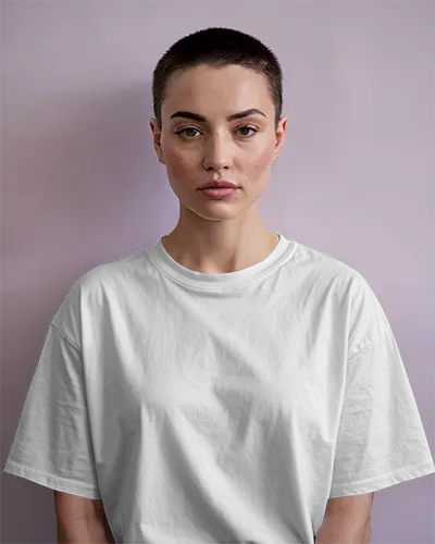 Minimal Studio T Shirt Mockup Female Model With Buzzcut Facing Forward Against Soft Purple Background Clean And Focused Style