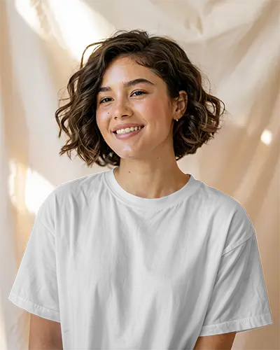 Tshirt Mockup Soft Curtained Background Female Model Smiling In Natural Light Relaxed And Cheerful Vibe
