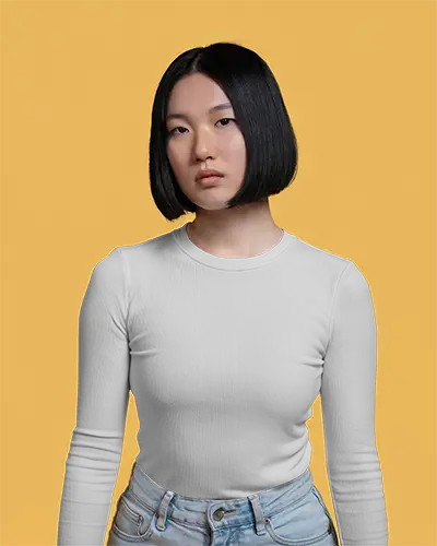 Longsleeve Mockup Bold Yellow Backdrop Female Model With Black Bob Hair Neutral Expression Closeup Front View