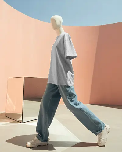 Modern Architecture Background Tshirt Mockup Full Body Display With Sunlight Shadow And Mirrored Cube Reflection