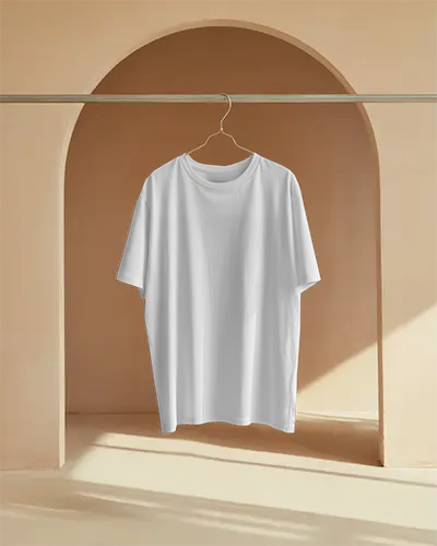 Tshirt Mockup Suspended On Metal Rod Inside Arched Niche Soft Sunlight On Beige Minimal Backdrop Clean Modern Presentation