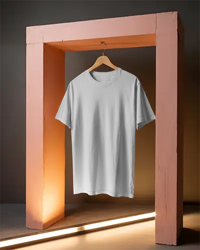 Moody Studio Tshirt Mockup Hanging On Wooden Hanger In Painted Archway Dramatic Lighting And Shadow Play
