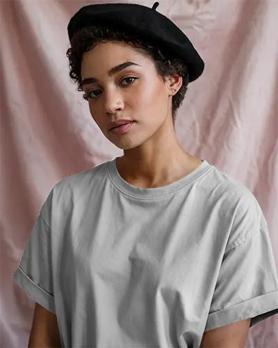 Soft Light Tshirt Mockup Female Model Wearing Black Beret Against Pink Fabric Backdrop Elegant And Artistic Style
