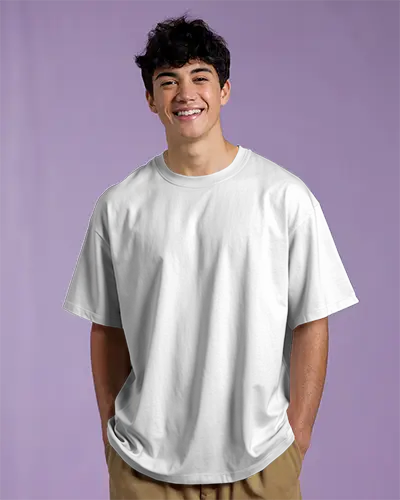 Smiling Male Model In White Tshirt On Purple Background Front View Tshirt Mockup For Custom Designs