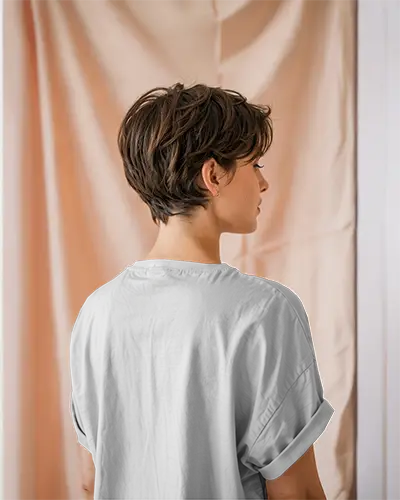 Back View T Shirt Mockup Female Model With Short Hair Wearing Gray Tee With Customizable Design Space Soft Pink Background Modern And Minimalistic