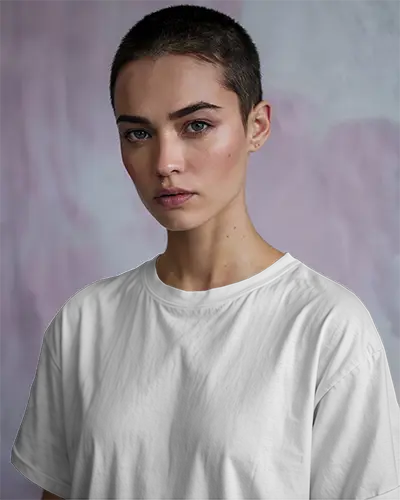 Close Up T Shirt Mockup Female Model With Short Hair Wearing White Tee With Customizable Design Space Soft Pastel Background Serene And Focused Expression