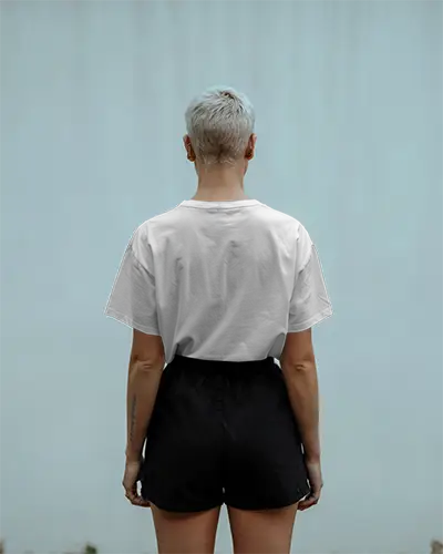 Outdoor Tshirt Mockup Woman With Platinum Hair Facing Away Minimal Blue Wall Clean Summer Look