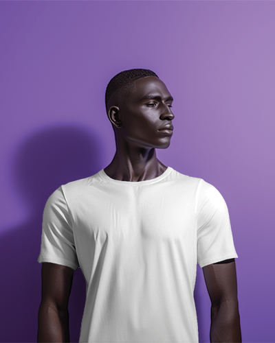 African Model Looking Sideways Wearing A Tshirt Mockup In Front Of Purple Screen