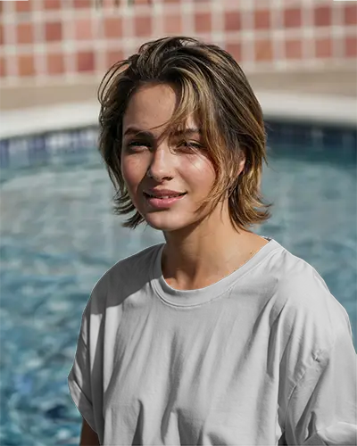 Poolside Tshirt Mockup Woman Smiling In Sunlight White Tee With Blue Water And Tiles In Background