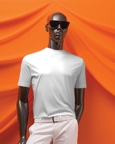Black Mannequin Posing With Swag Wearing A Tshirt Mockup In Front Of Orange Screen
