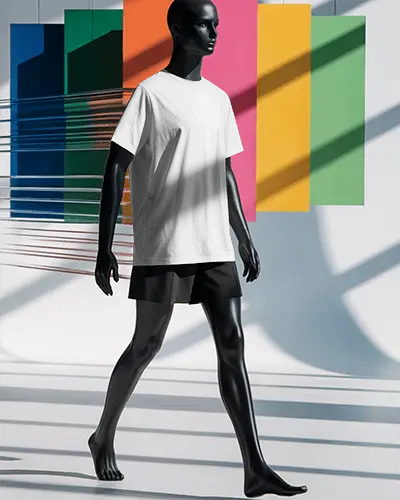 Colorful Background T Shirt Mockup Black Mannequin Striding In Sunlit Room With Geometric Shadow Effects