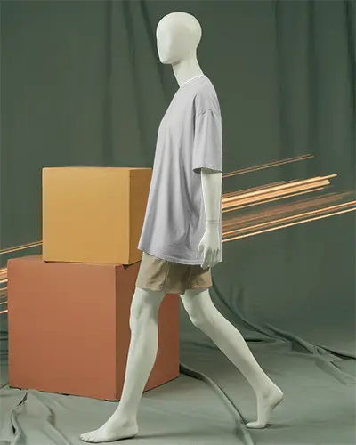 Full Body T Shirt Mockup White Mannequin In Motion Against Draped Fabric Background And Modern Podium Cubes