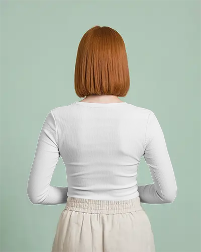 Studio Backview Tshirt Mockup Woman Fitted White Ribbed Top Beige Pants Mint Background Clean Style