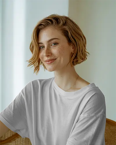 Natural Light Tshirt Mockup Woman Smiling In White Tee Sitting On Chair Soft Indoor Ambience
