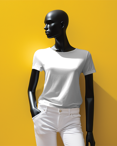 Black Mannequin Wearing A Tshirt In Front Of Yellow Screen