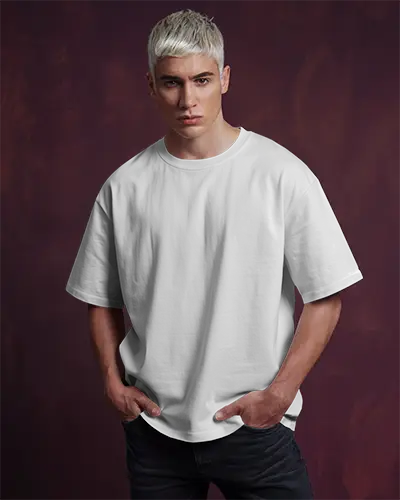 Studio Tshirt Mockup Man In White Tee Hands In Pockets Dark Red Textured Background Bold Look