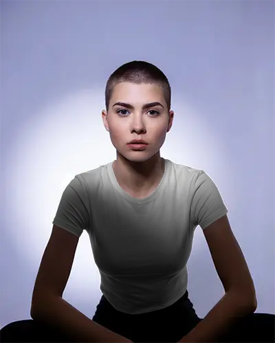 Studio Tshirt Mockup Woman In Fitted White Tee Spotlight On Purple Gradient Backdrop Bold Look