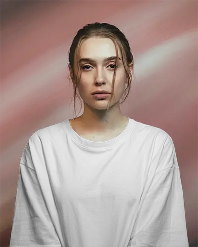 Studio Tshirt Mockup Woman In White Tee Soft Pink Motion Backdrop Calm Expression Centered Look