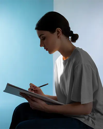 Boxy Tshirt Mockup Woman Drawing Side View Blue Gradient Background Artistic Creative Template