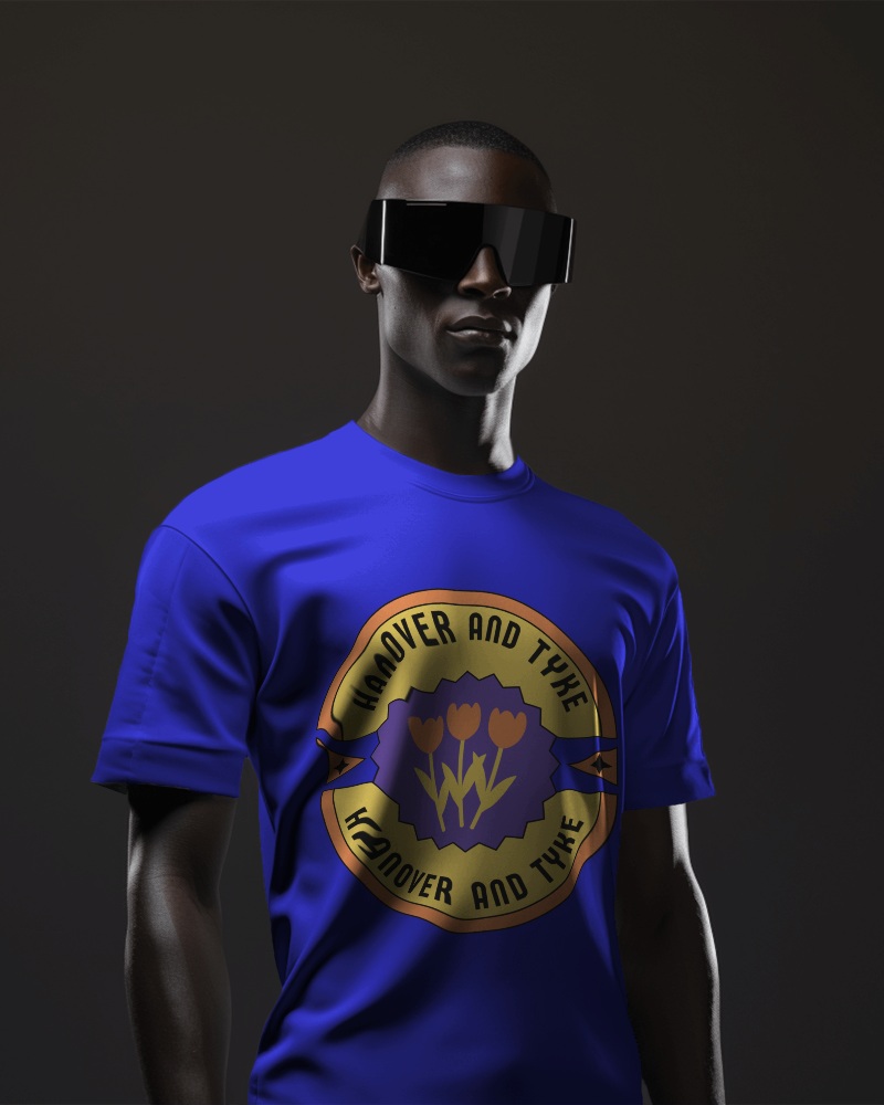 Black Person With Goggles Wearing Tshirt Mockup In Funky Pose In Front Of Grey Screen