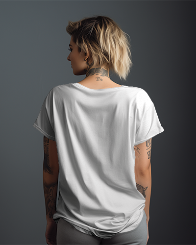 Back View Of A White Female Model Posing In White Tshirt In Front Of Grey Screen Looking Left