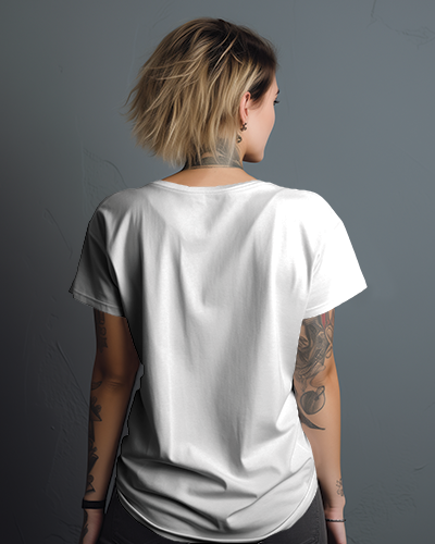 Back View Of A White Female Model Posing In White Tshirt In Front Of Grey Screen Looking Right