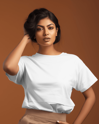 Indian Female Model Wearing White Tshirt Posing In Front Of Coffee Brown Screen