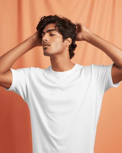 Male Model Wearing White Tshirt Mockup Posing In Front Pink Curtain