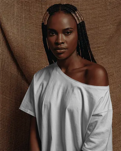 Earthy Toned Portrait Tshirt Mockup Female Model In White Off Shoulder Shirt Against Burlap Fabric Backdrop