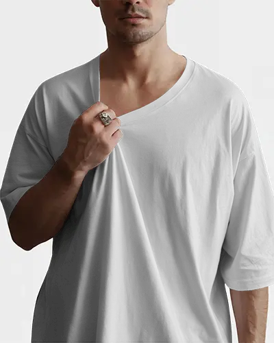 Minimal Studio T Shirt Mockup Male Model Holding Collar With Ring Against Clean White Background