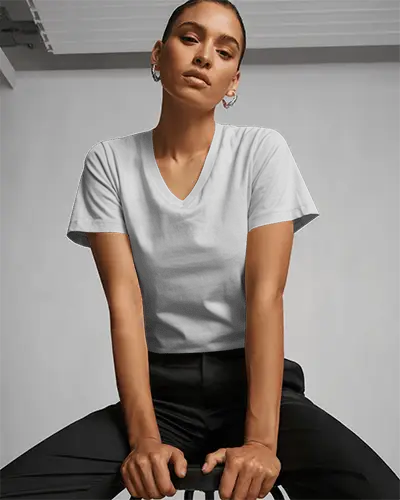 Premium Quality Female Tee Mockup Vneck Shirt Front View Sitting On Stool Clean Modern Studio Look