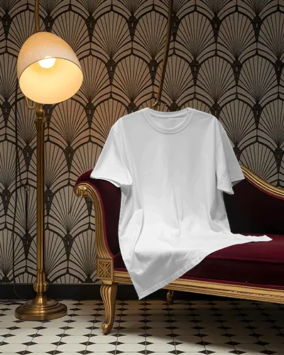 Vintage Lounge T Shirt Mockup Draped On Red Velvet Sofa Under Golden Lamp With Art Deco Wallpaper