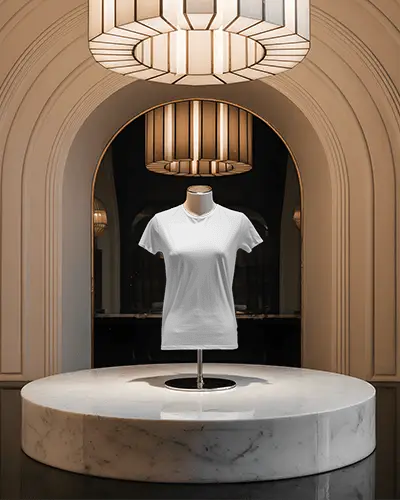 Luxury Display T Shirt Mockup On Mannequin In Grand Hall With Arched Ceiling And Marble Platform