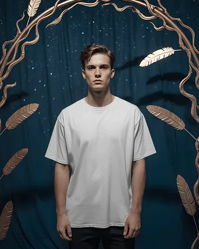 Luxury Decor Inspired T Shirt Mockup Male Model In Golden Branches With Dark Backdrop