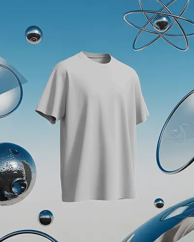 Futuristic Floating T Shirt Mockup Against Sky Gradient With Metallic Spheres And Atomic Design Elements