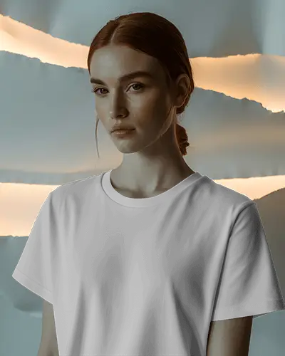 Minimalist Fashion T Shirt Mockup Woman In Natural Pose Against Glowing Wall Texture And Muted Tones