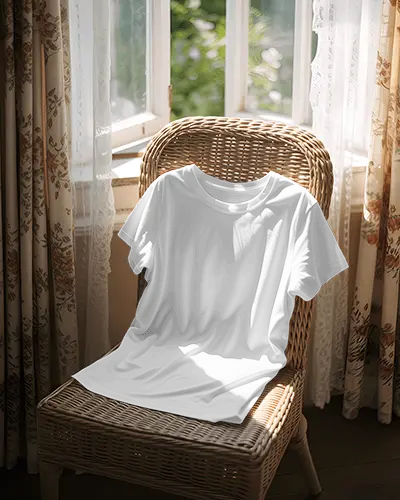 Sunlit Window T Shirt Mockup On Wicker Chair With Floral Curtains And Natural Lighting