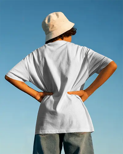 Sunny Backside Tshirt Mockup Youth In Casual Outfit With Hat Facing Sky Clean Back Design