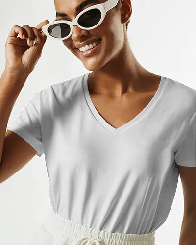 Modern Studio Vneck Tshirt Mockup Female Model Smiling In Sunglasses Clean White Background
